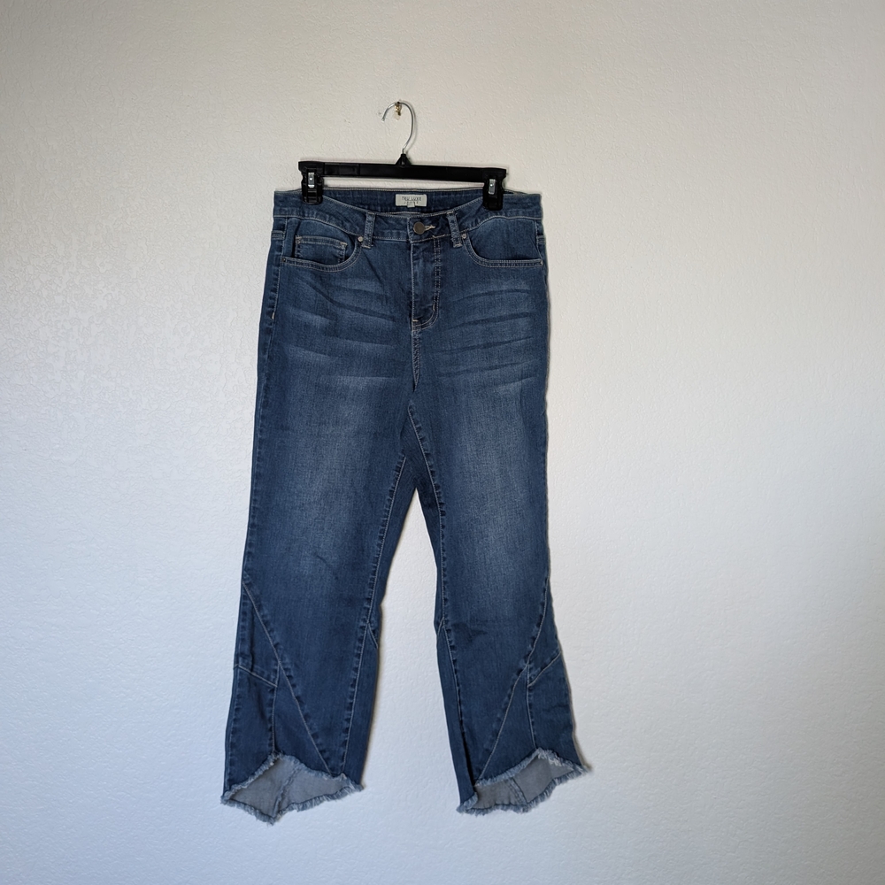 High-Rise Blue Flare Jeans with Raw Scallop Hem